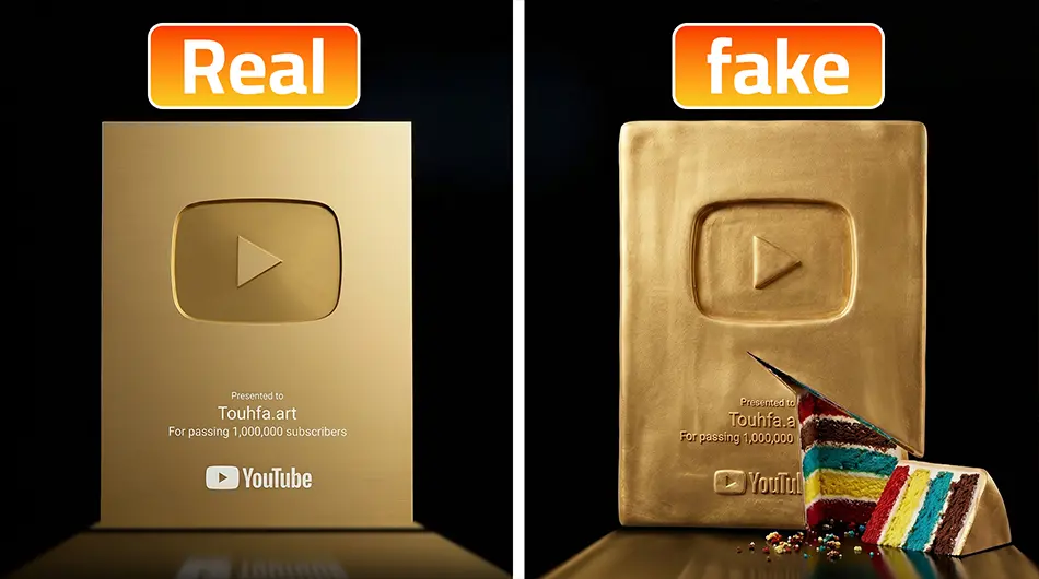 Authentic YouTube Silver play button next to a replica version showing visual differences in material quality and typography