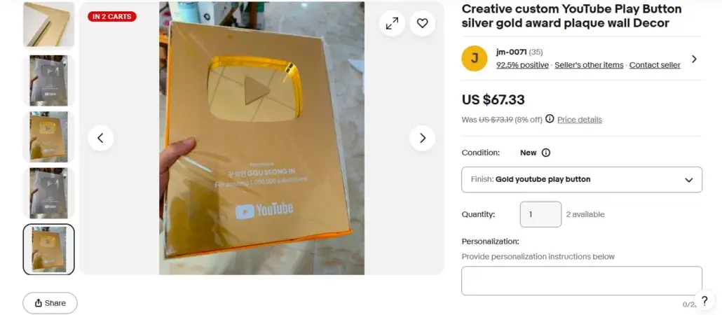 Various replica YouTube play buttons available online from 3D-printed to metal versions at different price points