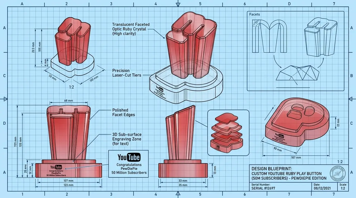 PROMPT: A creative workspace showing blueprints and 3D wireframe models of a completely custom YouTube play button award on a glowing tablet. The design morphs from the classic triangle into a unique creator logo. Blueprint paper, metal calipers, and a stylus are scattered around. Cyberpunk maker-space aesthetic, moody lighting.