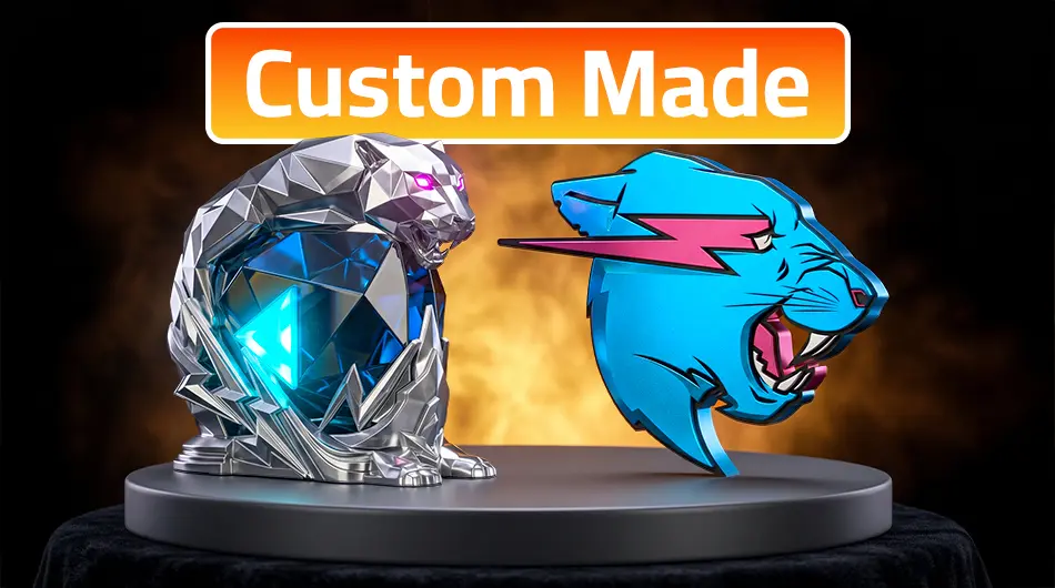 YouTube Custom Play Button award showing PewDiePie's ruby brofist sculpture alongside T-Series' glass block engraved award on a dark studio surface
