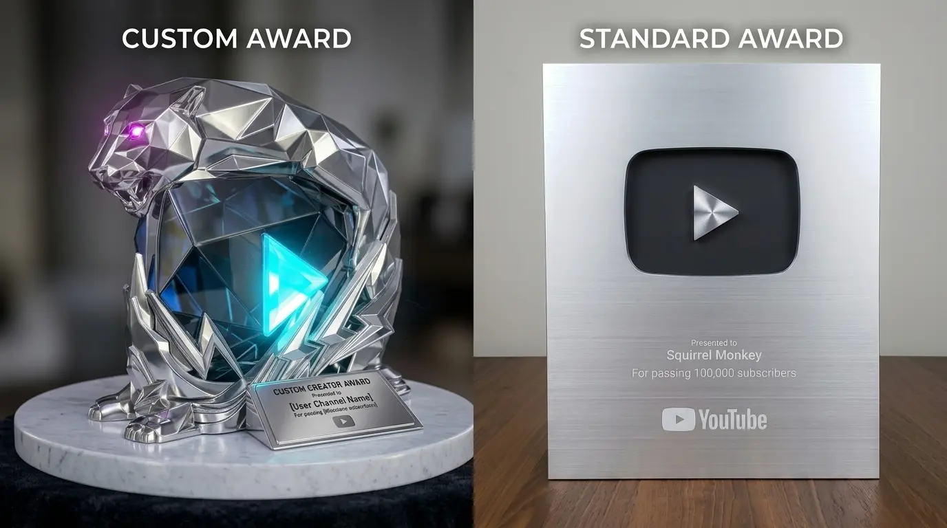 PROMPT: A dramatic side-by-side product comparison photograph on a dark reflective surface. On the left, a standard YouTube Red Diamond Play Button award with its dark red Baccarat crystal triangle. On the right, a one-of-a-kind custom bespoke award shaped like an iconic creator mascot, crafted from custom resin and metal alloy with premium lighting. Cinematic studio lighting highlighting the difference in scale and artistry. Ultra-detailed commercial photography.