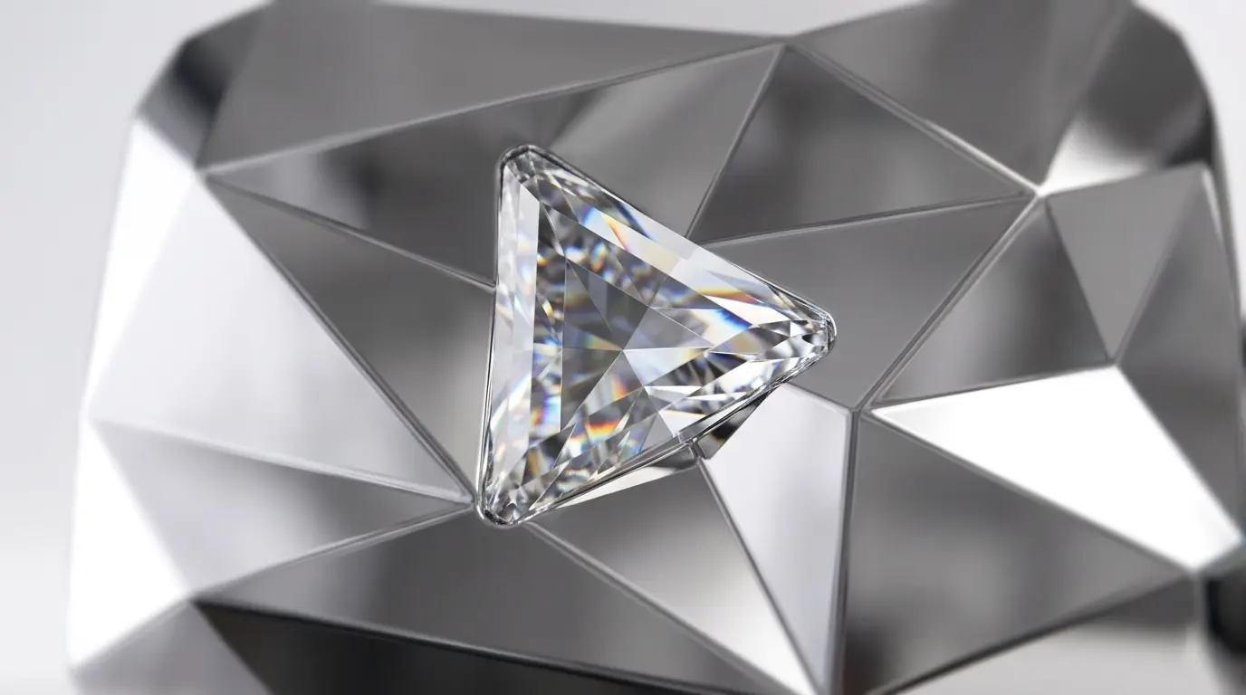 PROMPT: A dramatic close-up product photograph of a YouTube Diamond Play Button on a dark reflective surface. The massive faceted colourless crystal centrepiece catches and refracts white light into prismatic rainbow patterns. The heavy silver-plated metal base gleams with a mirror finish. A channel name is faintly visible engraved below the crystal. Cinematic studio lighting from above-right. Ultra-high detail, photorealistic commercial photography.
