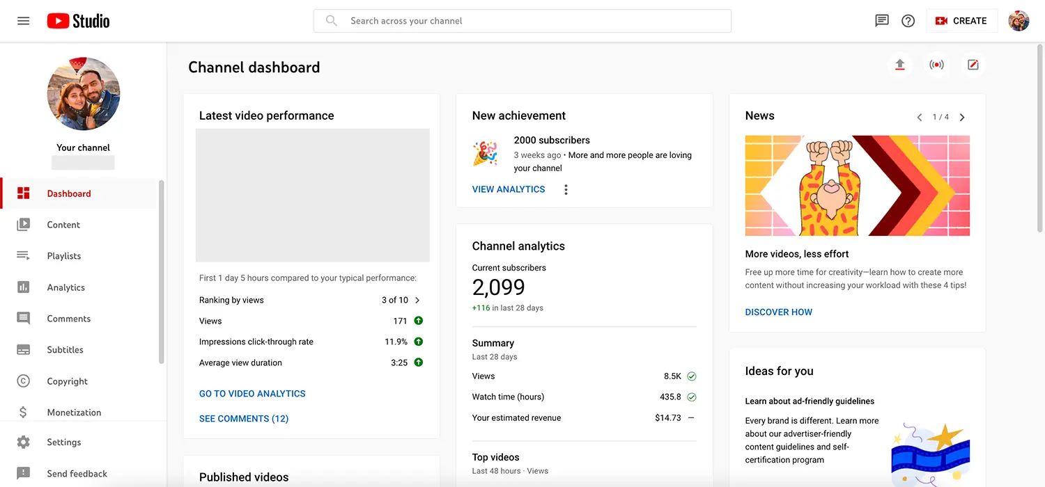 YouTube Studio settings dashboard