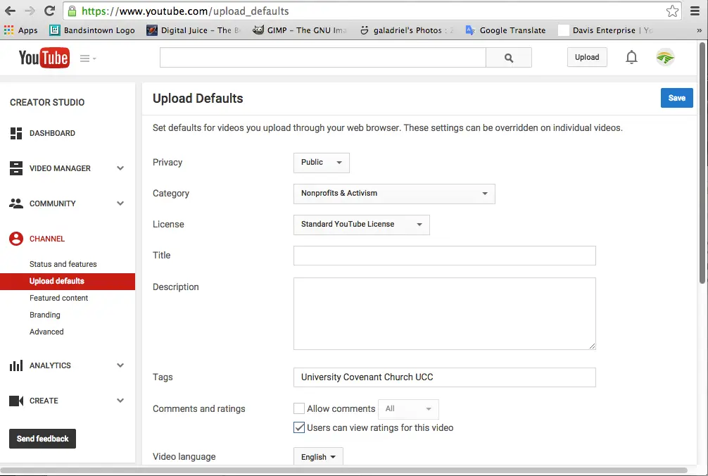 YouTube Upload Defaults configuration in Studio