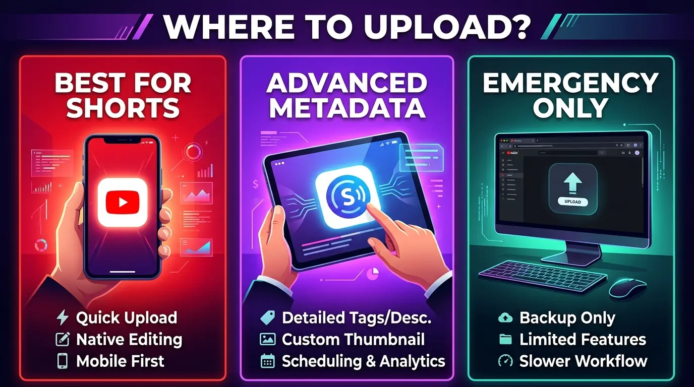 Comparing YouTube app Studio app and desktop for Shorts upload