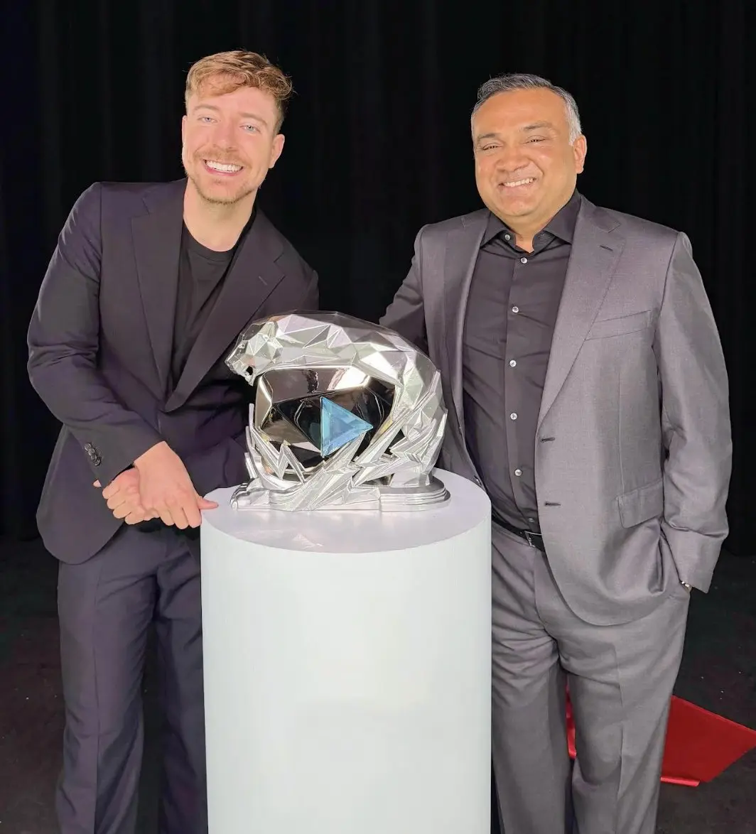 YouTube CEO Neal Mohan personally presenting the 500 million subscriber custom play button to MrBeast Jimmy Donaldson