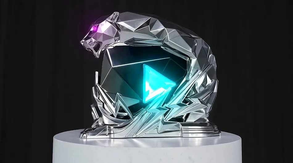 PROMPT: A dramatic photograph of the MrBeast 500 million subscriber Beast Panther trophy. The massive sculptural trophy features a heavy solid silver base with diamond-textured finish and a three-dimensional metallic black panther with glowing purple-blue eyes and vivid blue crystal elements. The panther logo erupts dynamically from the base on a red-accented foundation. Dramatic cinematic studio lighting from multiple angles. Ultra-high detail product photography on a dark reflective surface.