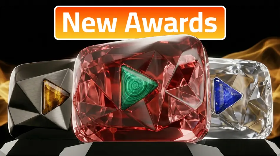 YouTube's newest play buttons lineup showing Tiger's Eye, Malachite, Lapis Lazuli, and MrBeast's 500M Beast Panther trophy on a dark display surface with dramatic lighting