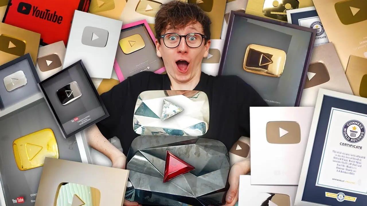 JackSucksAtLife's extensive play button collection wall displaying 22 unique YouTube Creator Awards