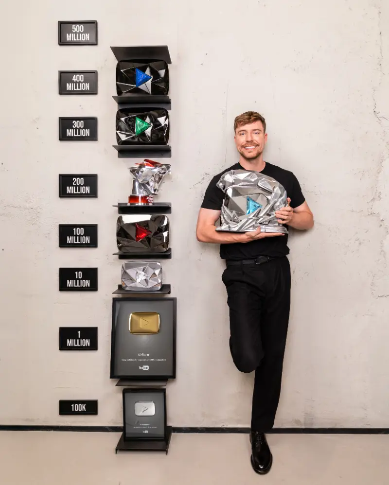 MrBeast's complete play button collection displayed on his studio wall showing all tiers from Silver to the 500M Beast Panther