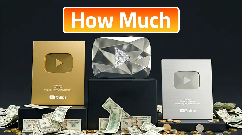 YouTube play button earnings breakdown showing revenue potential at Silver, Gold, Diamond, and Red Diamond milestones
