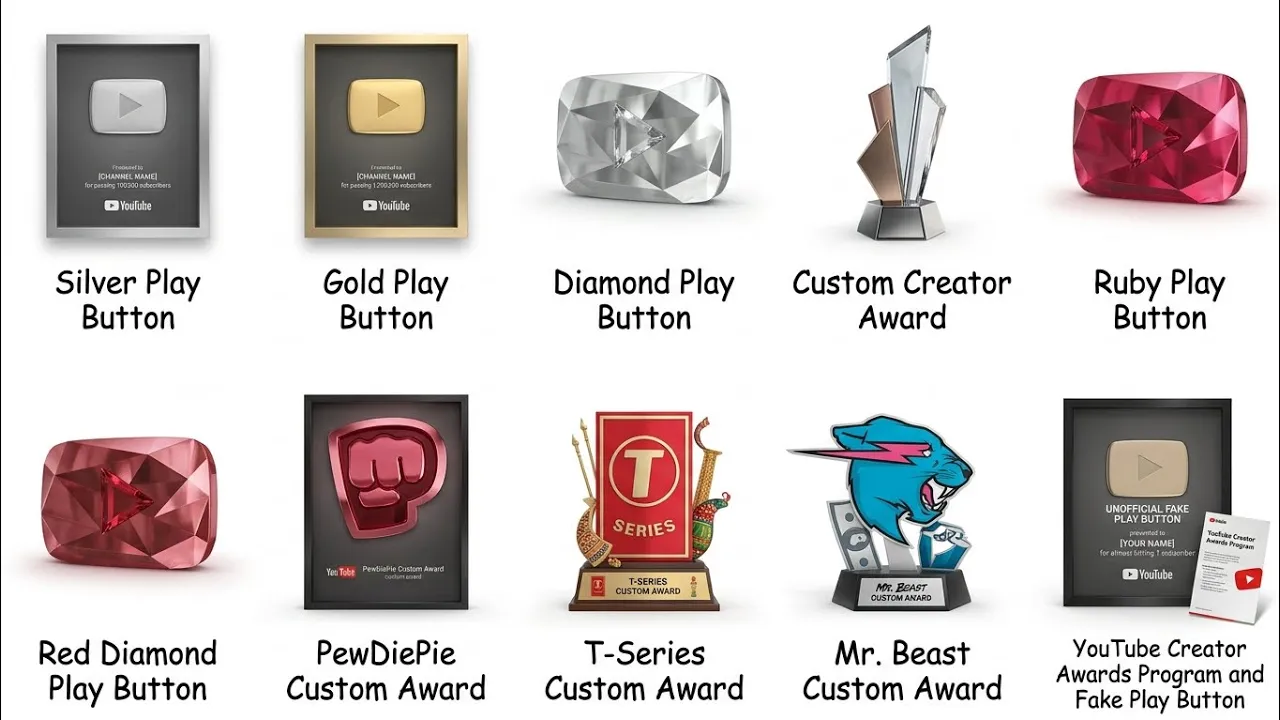 Complete YouTube play button timeline from 2007 to 2026 showing all design generations and material changes