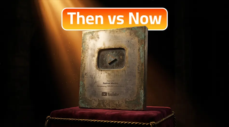 Timeline showing the evolution of YouTube play button designs from the 2007 spinning trophy to the 2026 Beast Panther award