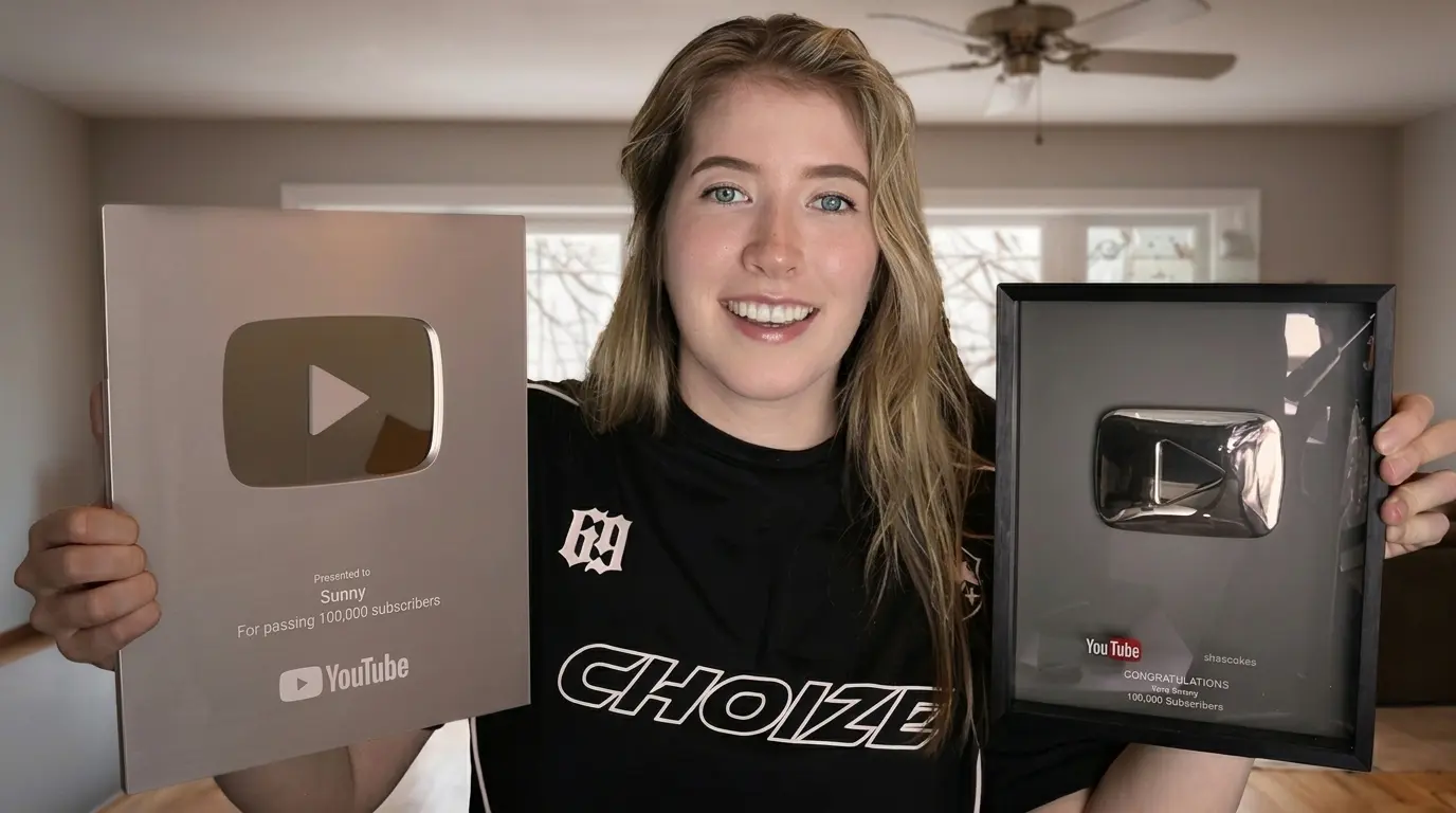 Creator studio wall displaying both a legacy full-size Silver play button and the new 2024 smaller version side by side