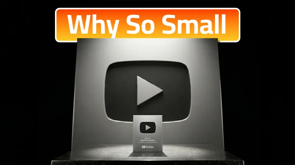 Side-by-side comparison of the old larger YouTube Silver play button next to the new smaller 2024 version on a dark surface