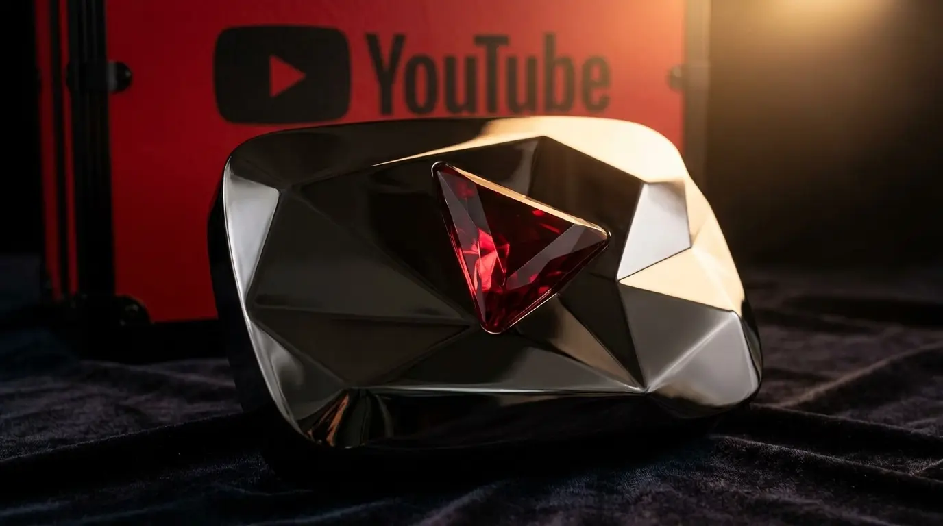 PROMPT: An epic digital collage or infographic map showing the diversity of the 100-million subscriber club. The layout features stylized representations of a gaming setup, a music studio, a children's playblock, and a cinematic camera. The dark red Baccarat crystal icon sits in the centre, with glowing connection lines linking to different parts of a subtle world map in the background. Modern, corporate yet futuristic aesthetic, using dark tones with vibrant red and silver accents.