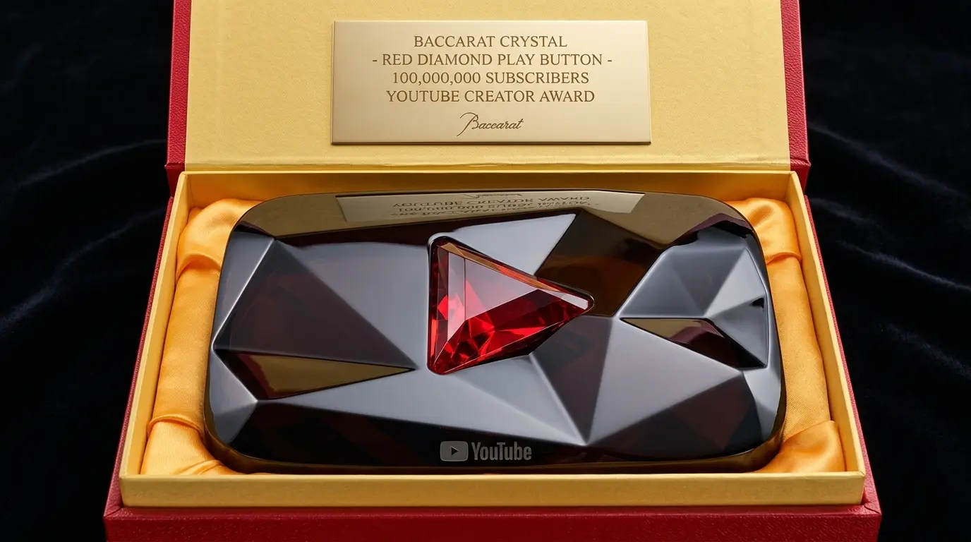 PROMPT: A dramatic product photograph of a YouTube Red Diamond Play Button award displayed on a dark velvet surface. The massive dark red Baccarat crystal centrepiece glows with deep luminous red colour, refracting warm light. The heavy silver-plated metal base gleams with a mirror finish. A bright red YouTube-branded briefcase is partially visible in the background. Cinematic studio lighting from above-right, ultra-high detail commercial photography.