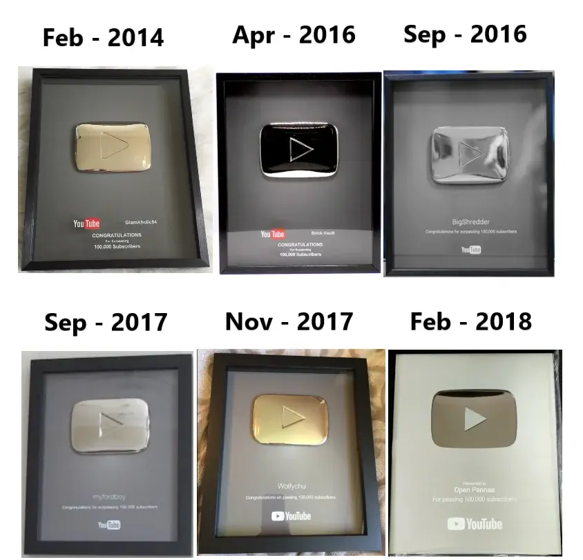 PROMPT: A side-by-side product photography comparison showing three generations of the YouTube Silver Play Button. Left: the original 2013 glass-and-wood window box frame with a metal play button inside. Center: the sleek 2018 flat nickel plaque with mirror finish. Right: the smaller post-2024 compact version. All on a dark reflective surface with soft studio lighting. Clean labels below each showing the year range.