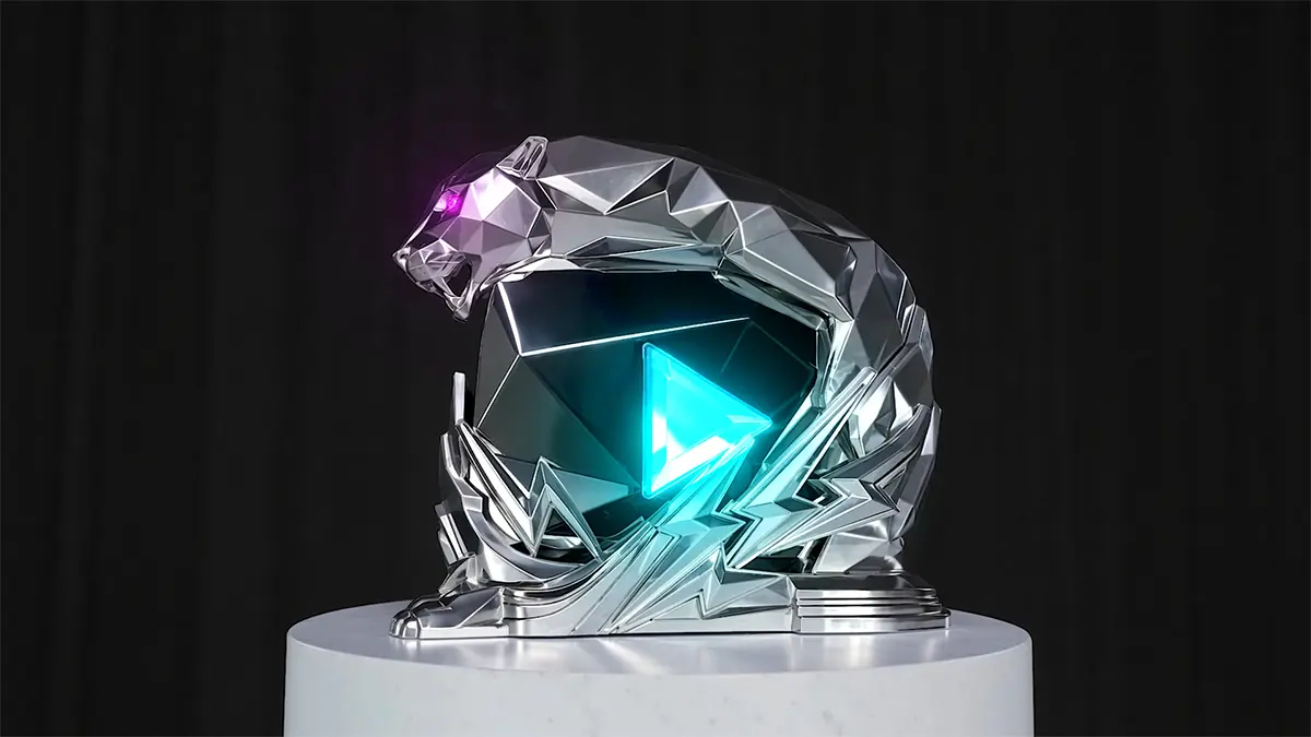PROMPT: A dramatic, ultra-detailed close-up of the bespoke MrBeast 500 million subscriber YouTube award. The trophy features a heavy, dark silver metallic rectangular base. Embedded in the metal is the iconic MrBeast Panther logo with glowing blue crystal eyes and geometric blue crystal accents surrounding it. Cinematic, high-contrast studio lighting highlighting the metallic textures. Photorealistic.