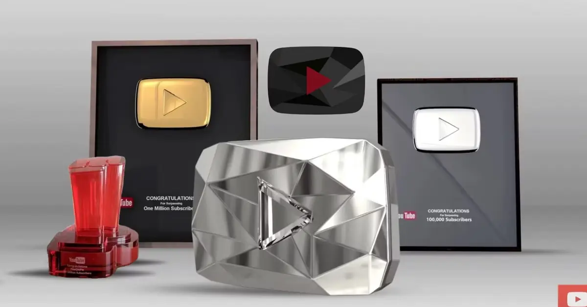 PROMPT: An infographic-style illustration on a dark background showing the YouTube play button tier pyramid structure. The base is wide (Silver, most common) and narrows upward through Gold, Diamond, Red Diamond, with a single glowing custom trophy at the very peak. Each level has the subscriber threshold, award name, and a small icon of the physical award. Orange and gold gradient color scheme, modern flat design with subtle glow effects.