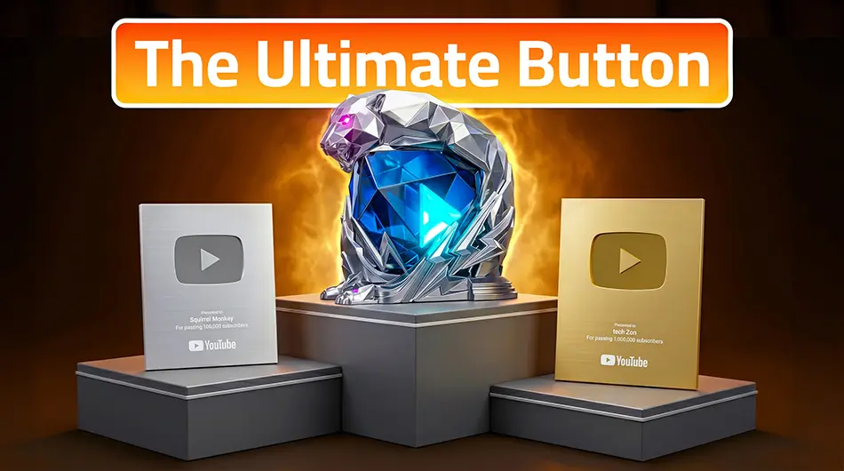 All YouTube play button creator awards displayed together from Silver to the custom 500M award, showing the complete tier hierarchy on a dark background