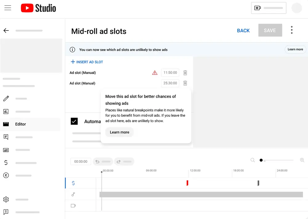 Monetization settings and mid-roll ad placement