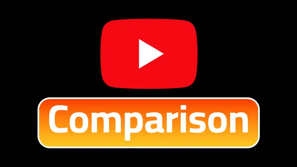 YouTube channel comparison tool showing two creators side by side with winner badges and metrics in 2026