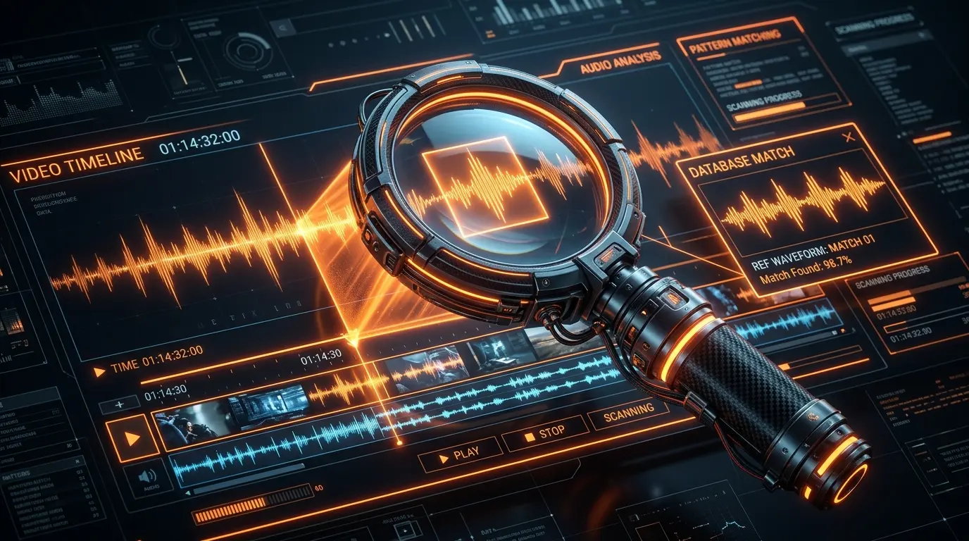 PROMPT: A 3D illustration of a futuristic magnifying glass scanning a digital video timeline, detecting a specific audio wave matching a database. Dark theme with orange neon accents.
