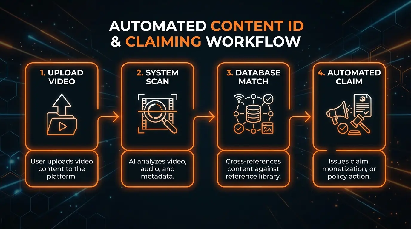 PROMPT: A clean, modern flowchart diagram showing 4 steps: 1. Upload Video, 2. System Scan, 3. Database Match, 4. Automated Claim. Use a dark background with vibrant orange and white elements.