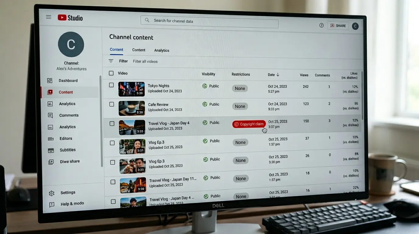 PROMPT: A realistic mockup of the YouTube Studio 'Content' dashboard, zoomed in on the 'Restrictions' column where a red 'Copyright' label is prominently highlighted.