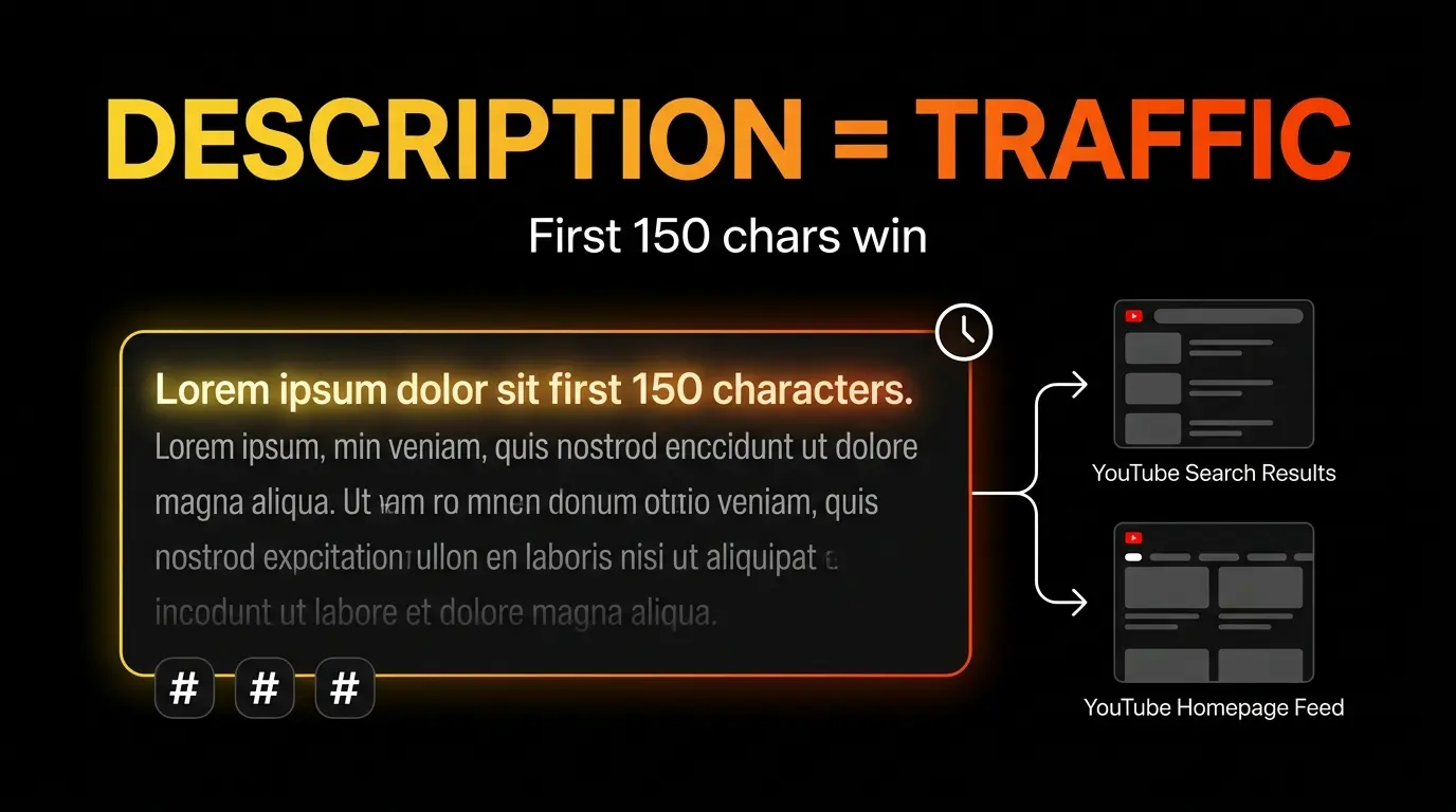 YouTube description best practices 2026 showing front-loading, timestamps, and hashtag strategy