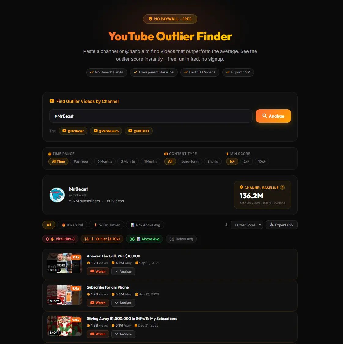 YouTube outlier finder tool displaying viral and above average videos for a channel in 2026