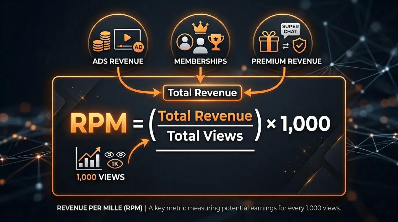 PROMPT: A visual formula card on dark background showing "RPM = (Total Revenue ÷ Total Views) × 1,000" with orange accent typography, icons for ads, memberships, and premium revenue feeding into the formula.