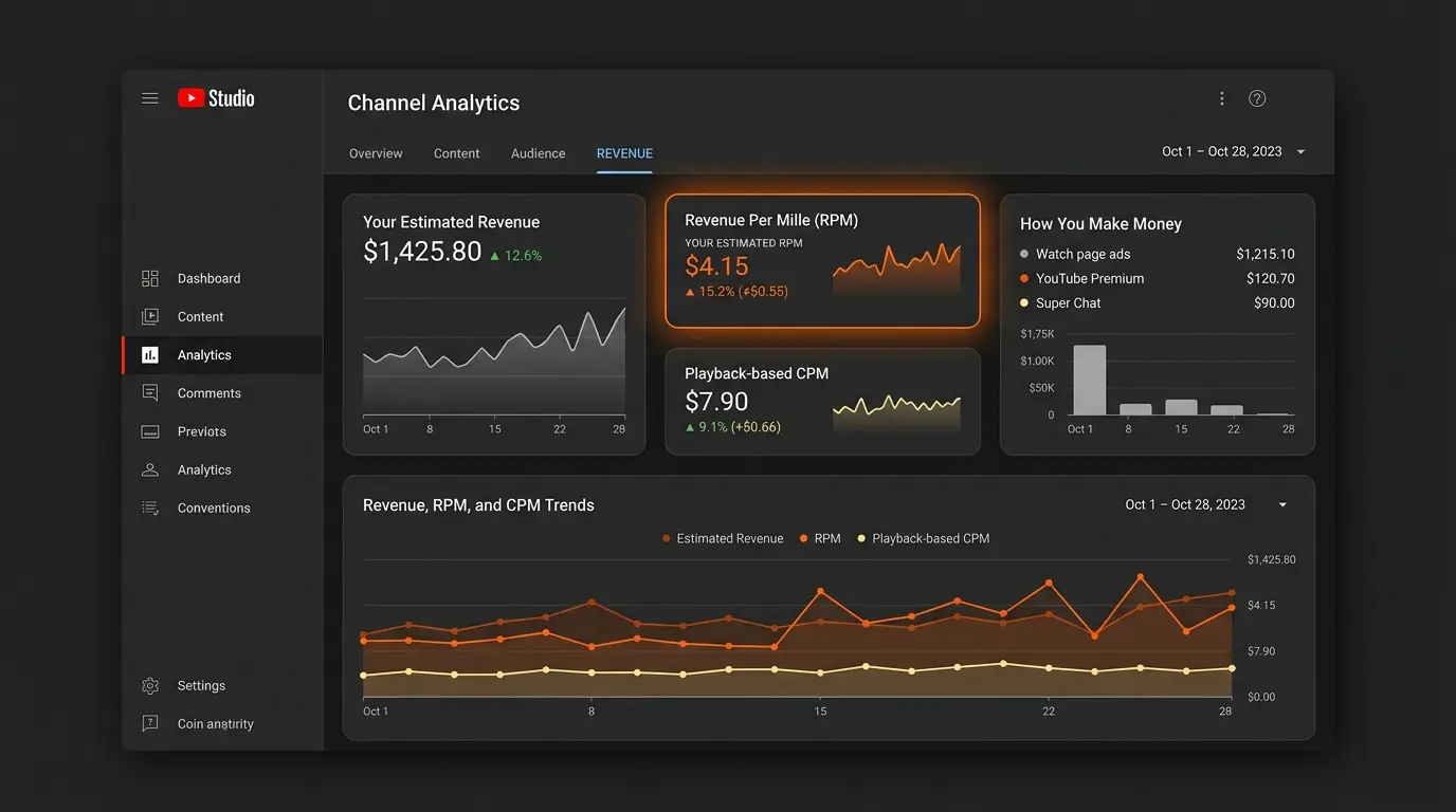 PROMPT: A realistic YouTube Studio Analytics interface mockup on dark background, showing the Revenue tab with RPM metric highlighted in orange, alongside total estimated revenue and CPM comparison chart.