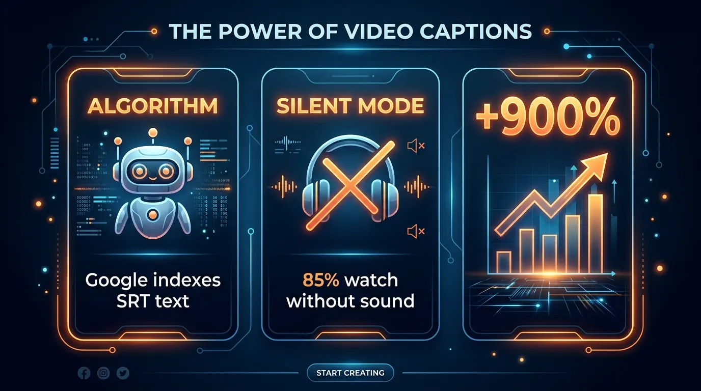 PROMPT: Dark background infographic with 3 vertical cards: Card 1 "Algorithm" with a search bot icon and the text "Google indexes SRT text", Card 2 "Silent Mode" with headphones crossed out and "85% watch without sound", Card 3 "+900%" with a trending chart icon. Orange accents throughout.