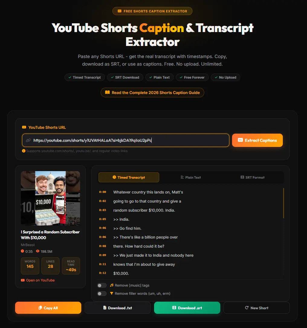 PROMPT: Clean dark-mode UI showing a YouTube Shorts URL input field, three output format buttons (Timed, Plain Text, SRT) and a scrollable transcript panel on the right with orange accent highlights. Vertical phone frame in background showing a Short.
