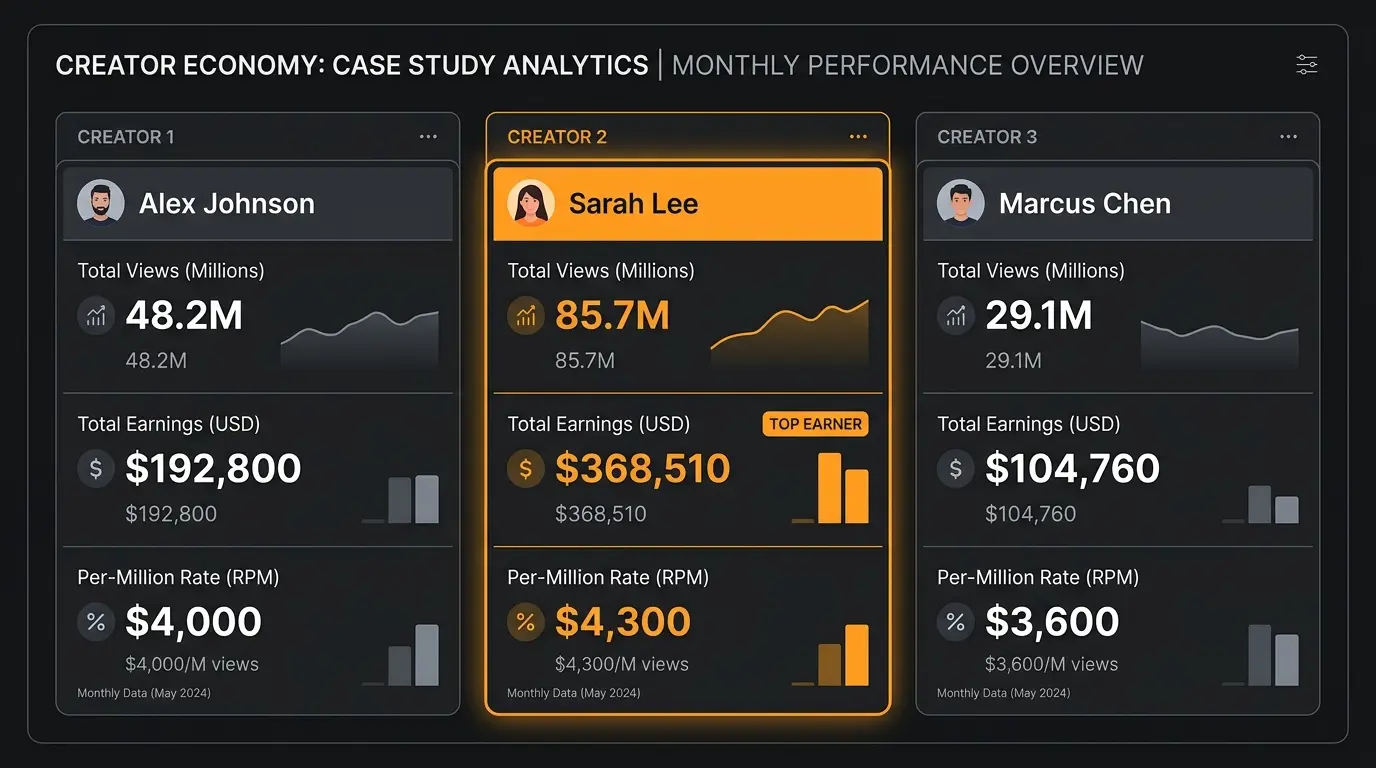 PROMPT: Dark-mode data visualization showing 3 creator case studies side by side. Each card shows: creator name, total views (in millions), earnings (in dollars), and per-million rate. Orange highlight on the highest earner. Clean minimal table design.