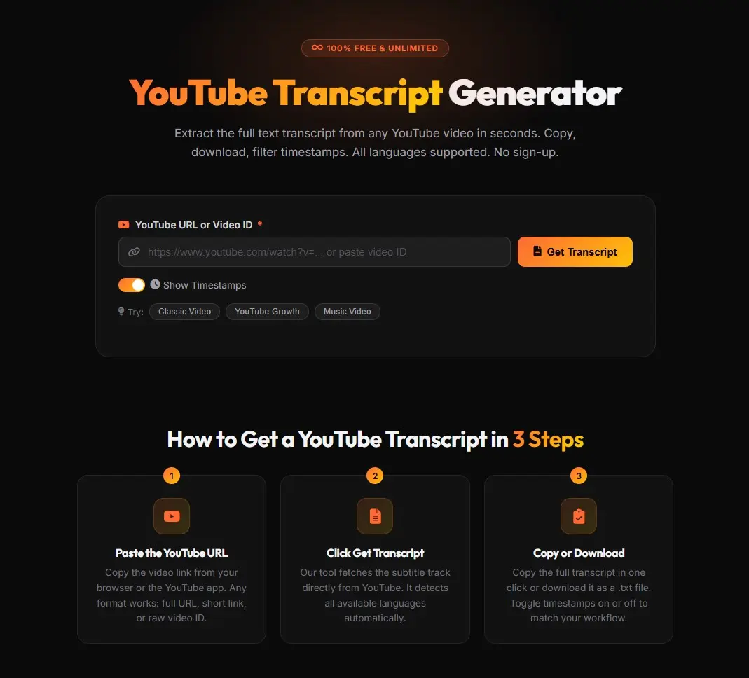 Screenshot of the YouTube transcript generator tool showing a URL input and extracted transcript text