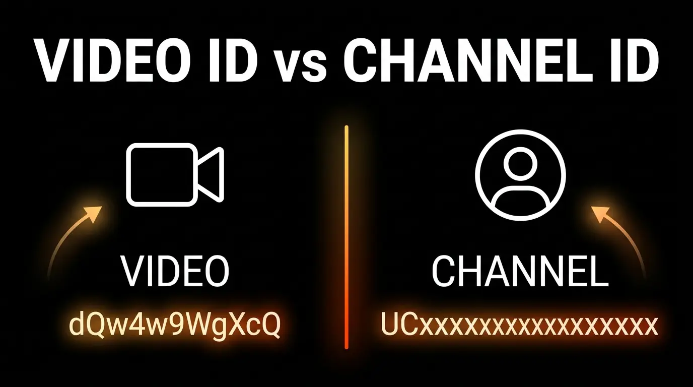 Comparison diagram showing YouTube Video ID vs Channel ID structure and format differences