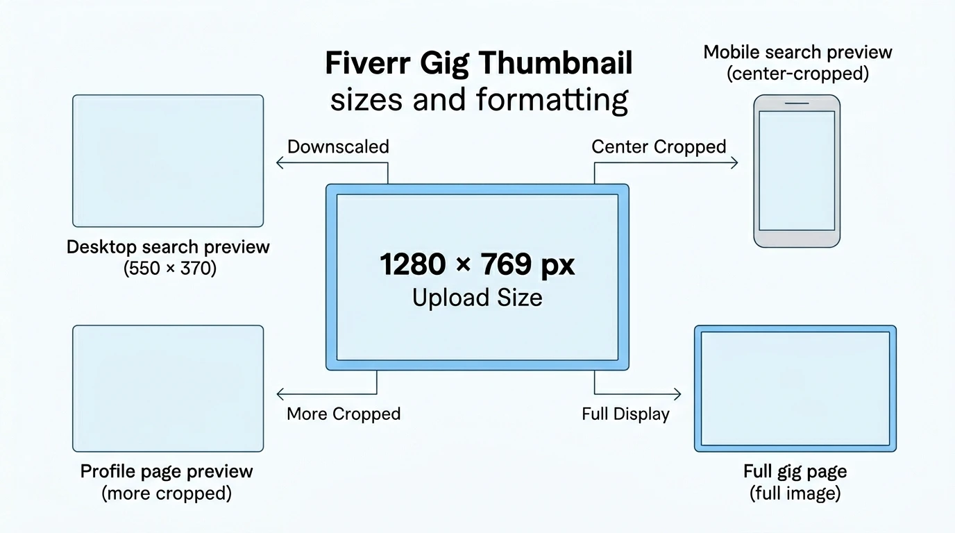 Fiverr gig thumbnail safe zone infographic showing 70px padding on each side