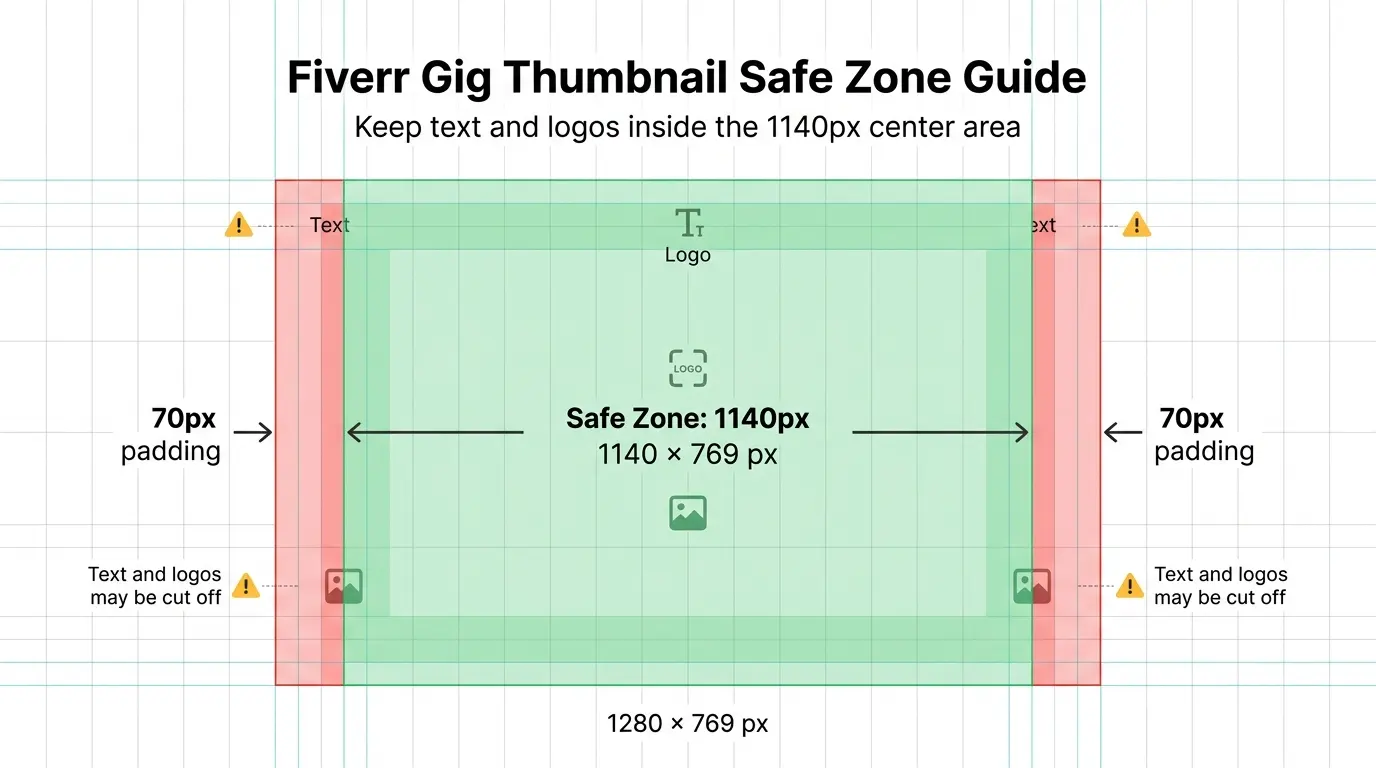 Fiverr gig thumbnail safe zone infographic showing 70px padding on each side