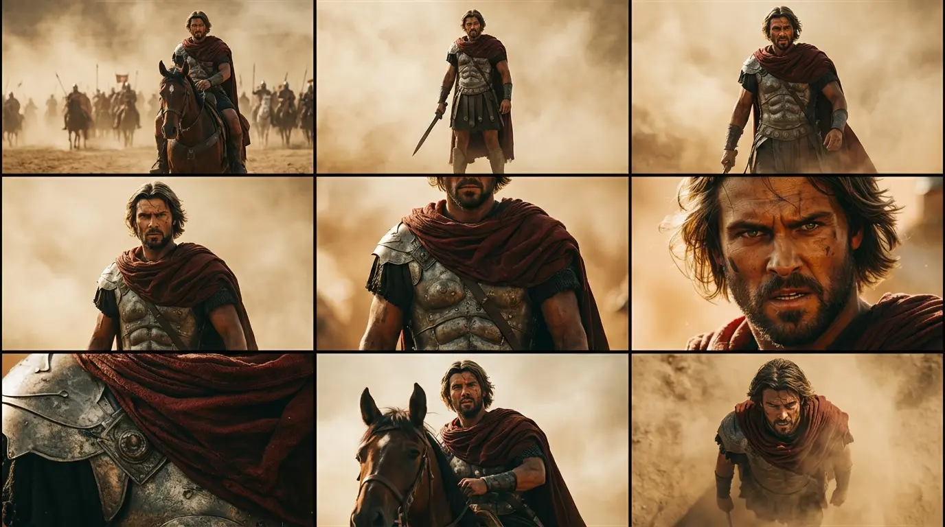 The same AI-generated character shown from four different camera angles — low angle, dutch angle, over-the-shoulder, and bird's eye view — with identical facial features
