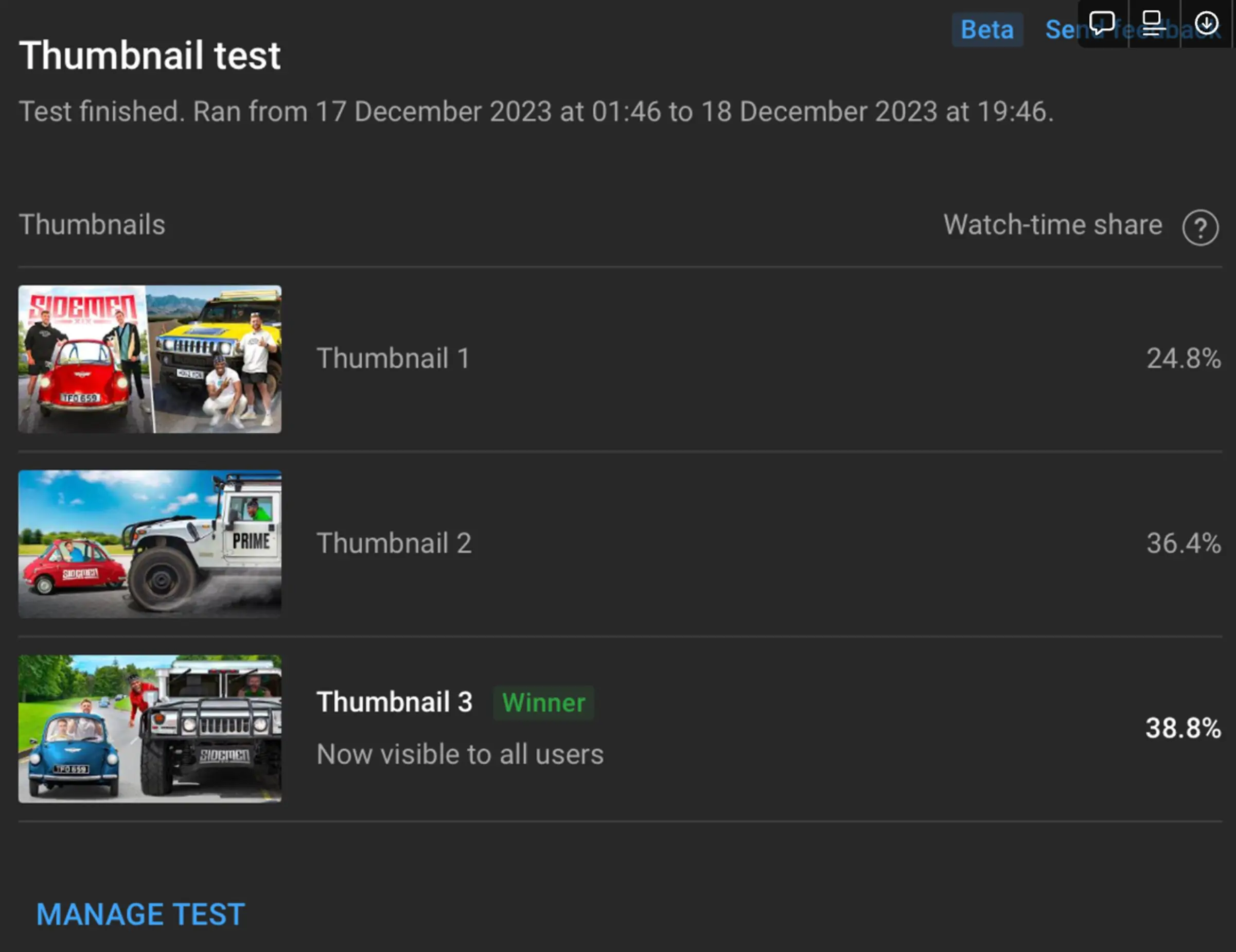 YouTube thumbnail test results screen