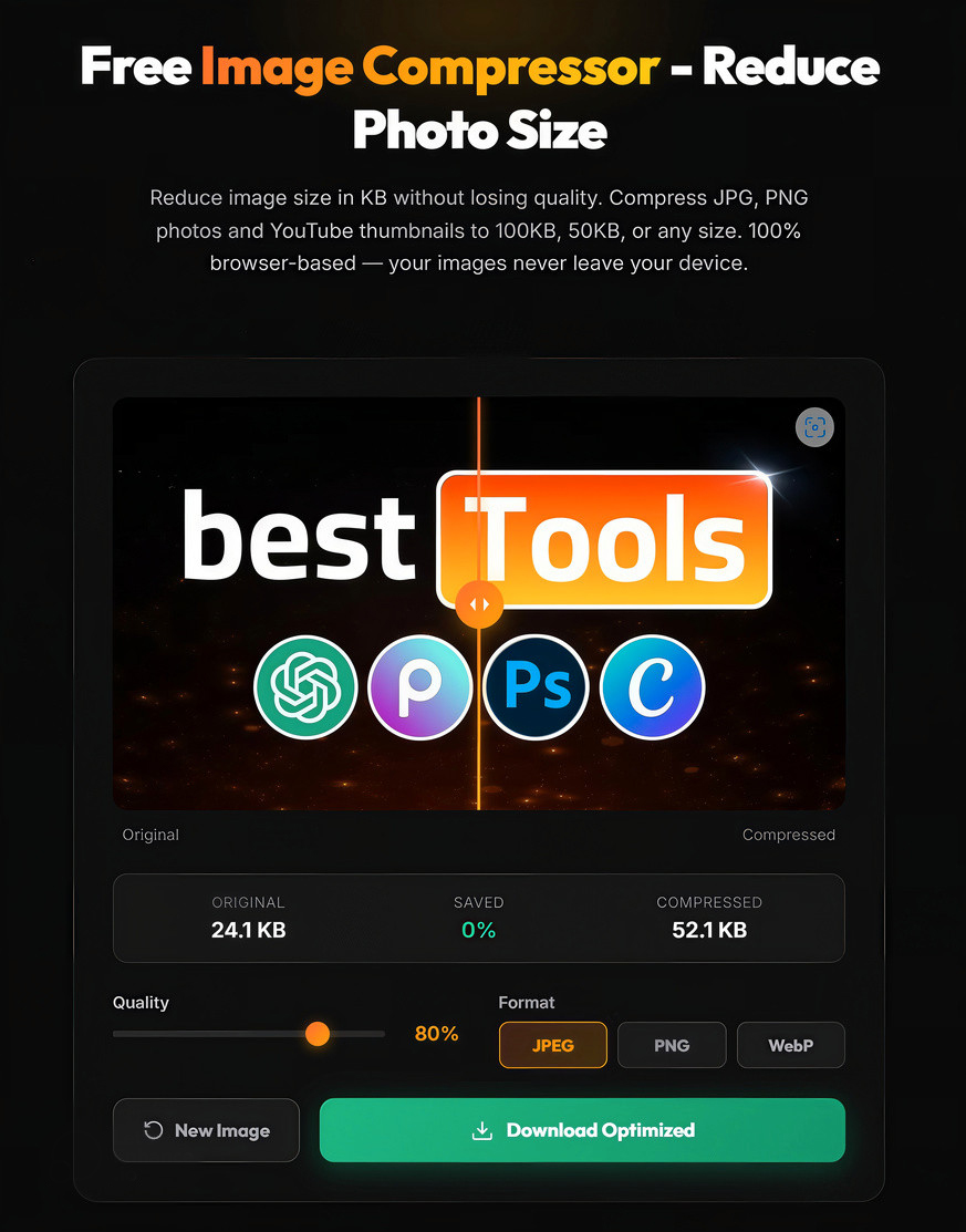 YouTube Thumbnail Compressor tool interface — reduce file size without losing quality