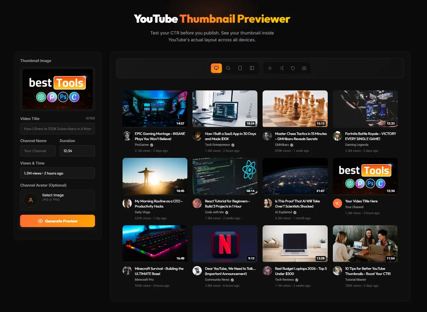 YouTube Thumbnail Previewer tool interface — see how your thumbnail looks on desktop, mobile, and search